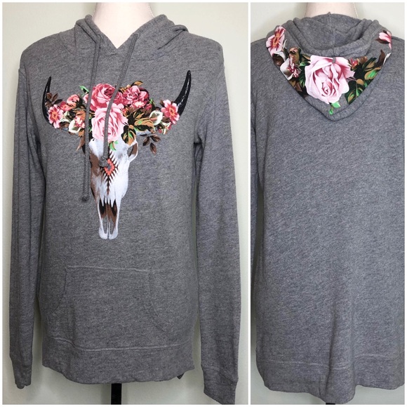 Mighty Fine Sweaters - Mighty Fine Boho Floral Bull Skull Hood Sweater S